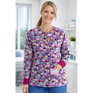 ADAR Women’s Small Snap Front Heart Print Long Sleeve Nurse Medical Scrub Top